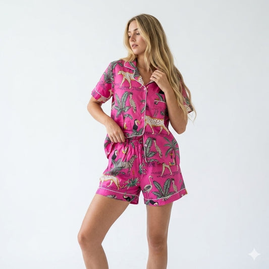 Lightweight Chic Pink Animal Print Short Pajama Set Soft Cotton Loungewear