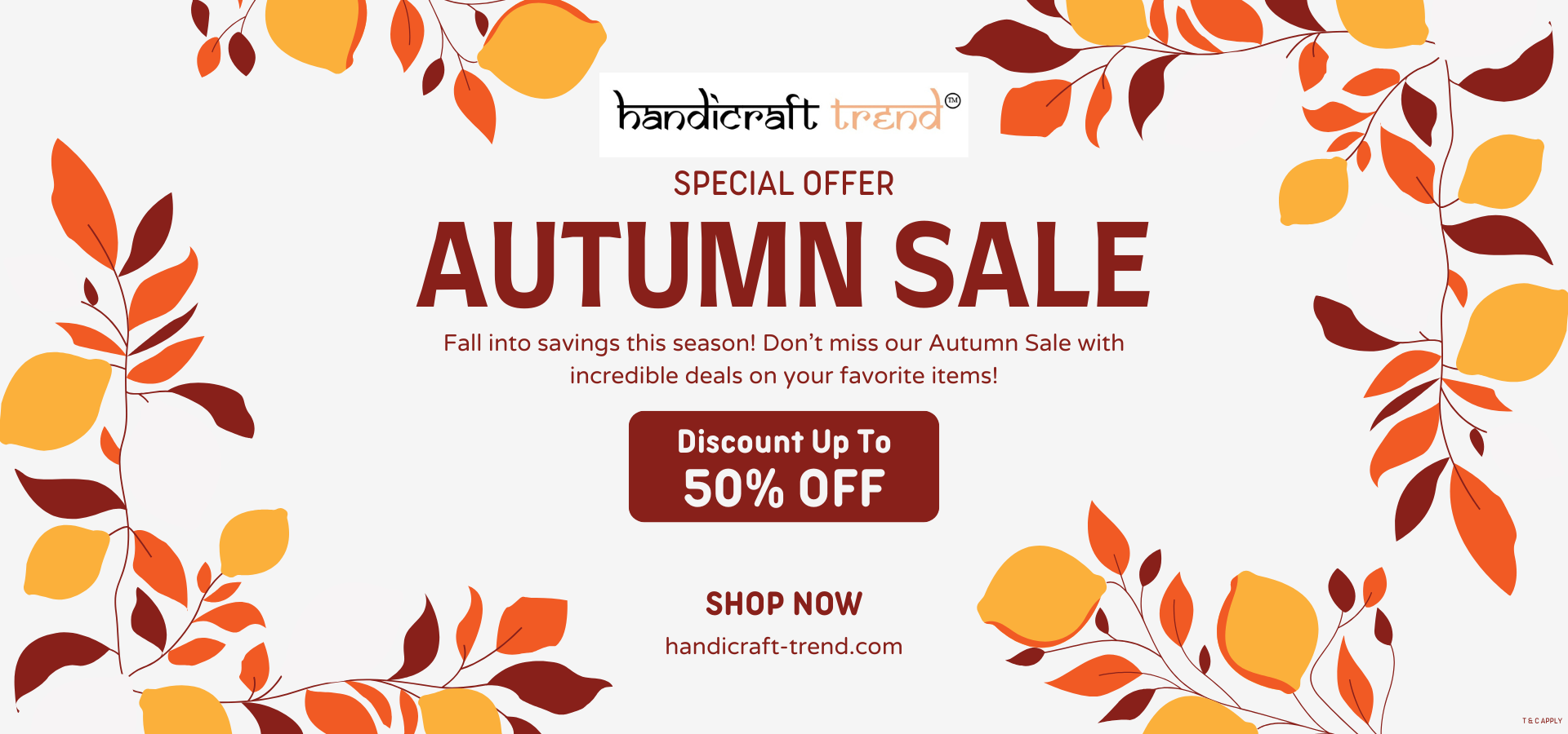 Handicraft Trend autumn sale banner with leaf decorations and discount offer.