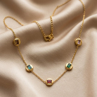 Gold Plated Station Necklace with Dainty Ruby & Emerald Baguettes Delicate Chain