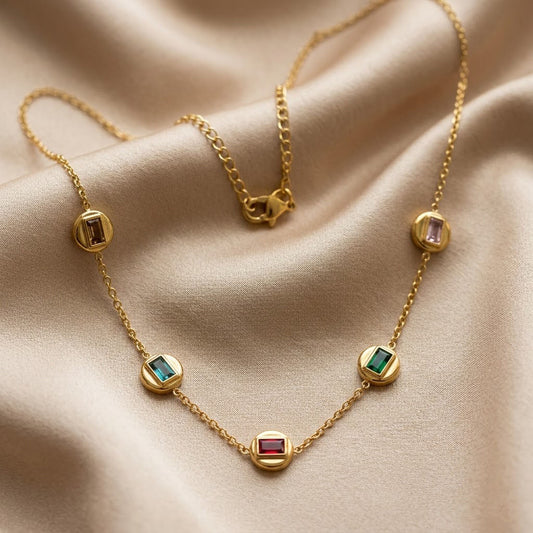 Gold Plated Station Necklace with Dainty Ruby & Emerald Baguettes Delicate Chain