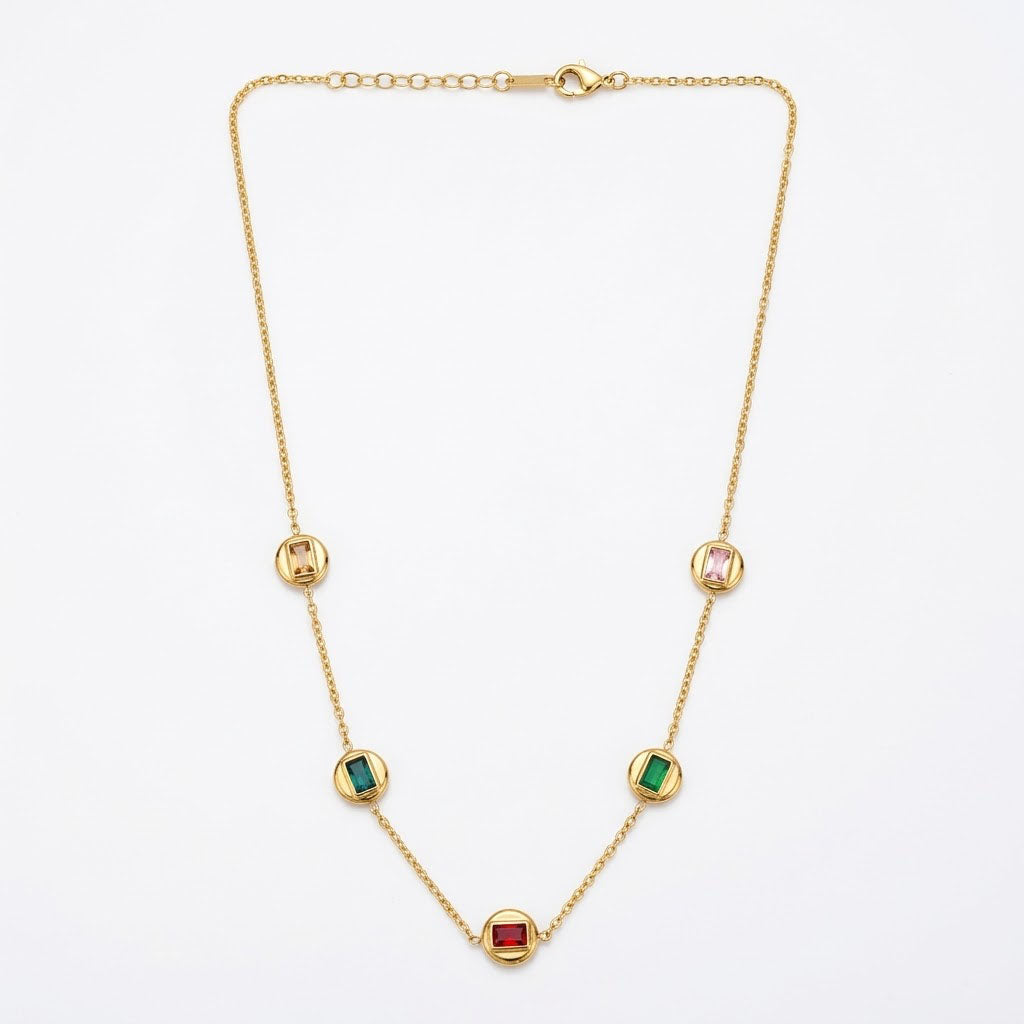 Gold Plated Station Necklace with Dainty Ruby & Emerald Baguettes Delicate Chain