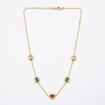 Gold Plated Station Necklace with Dainty Ruby & Emerald Baguettes Delicate Chain
