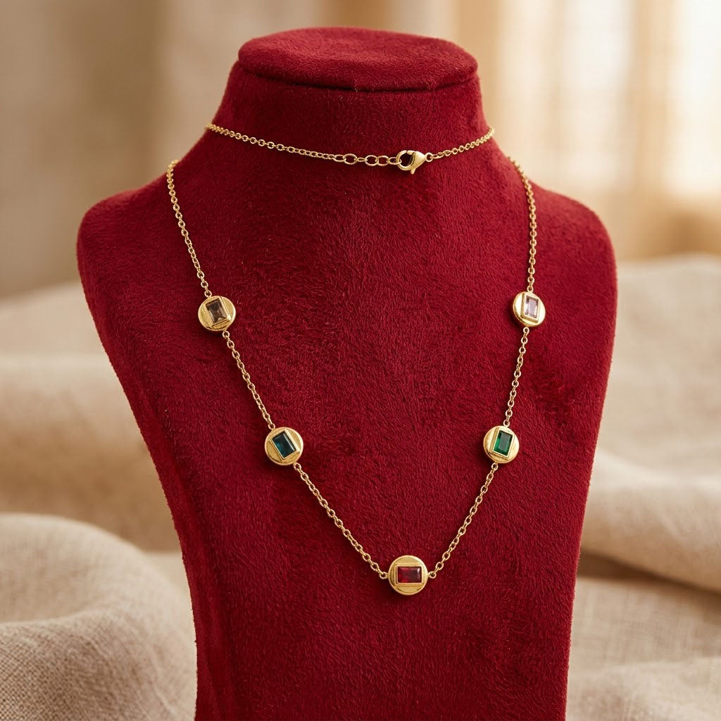 Gold Plated Station Necklace with Dainty Ruby & Emerald Baguettes Delicate Chain