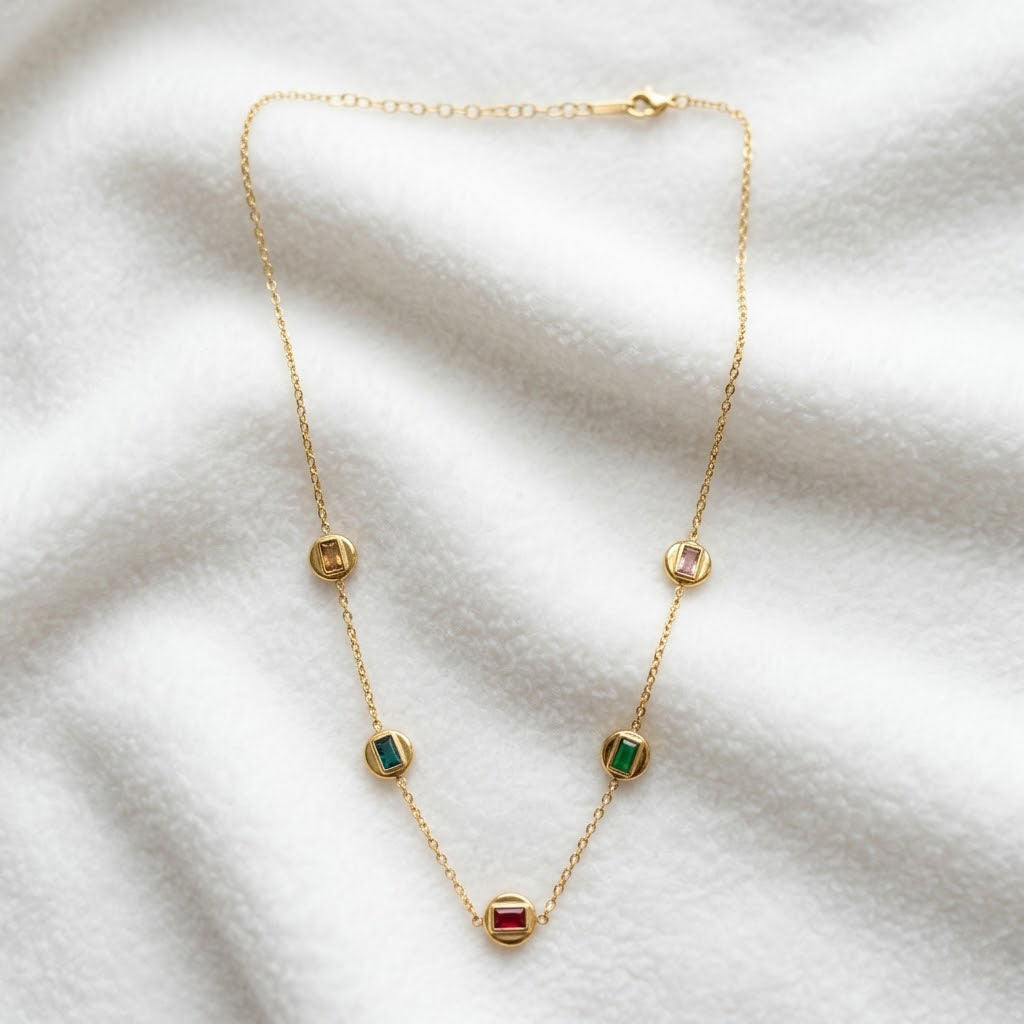 Gold Plated Station Necklace with Dainty Ruby & Emerald Baguettes Delicate Chain