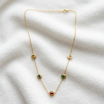Gold Plated Station Necklace with Dainty Ruby & Emerald Baguettes Delicate Chain