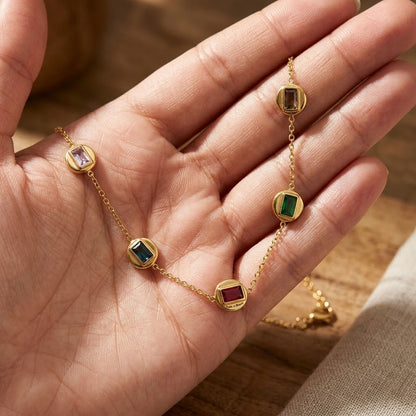 Gold Plated Station Necklace with Dainty Ruby & Emerald Baguettes Delicate Chain