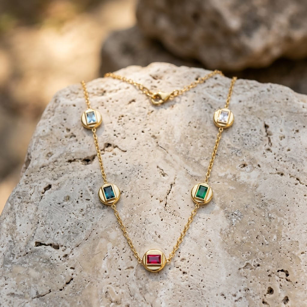 Gold Plated Station Necklace with Dainty Ruby & Emerald Baguettes Delicate Chain