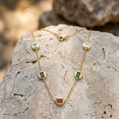 Gold Plated Station Necklace with Dainty Ruby & Emerald Baguettes Delicate Chain