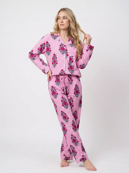 Rosa Blumen-Streifen-Druck Baumwolle Leichtes Pyjama-Set für Damen Langarm