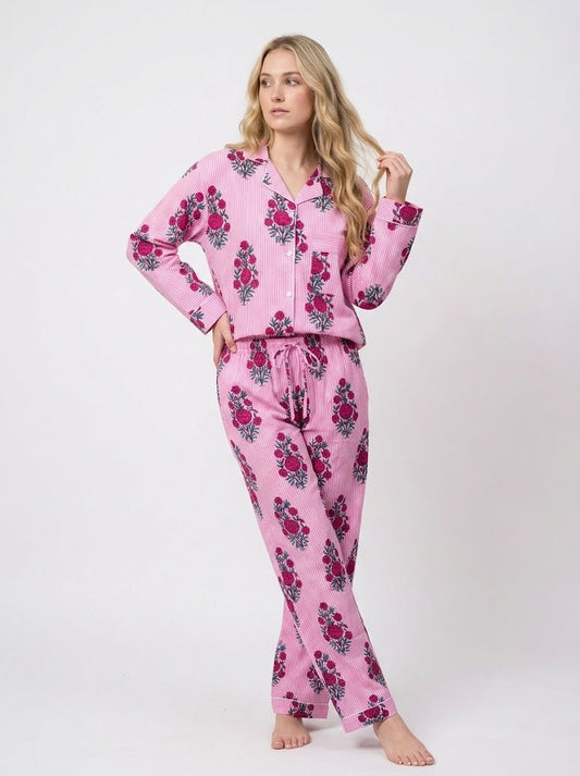 Pink Floral Stripe Print Cotton Lightweight Pajama Set for Women Long Sleeve