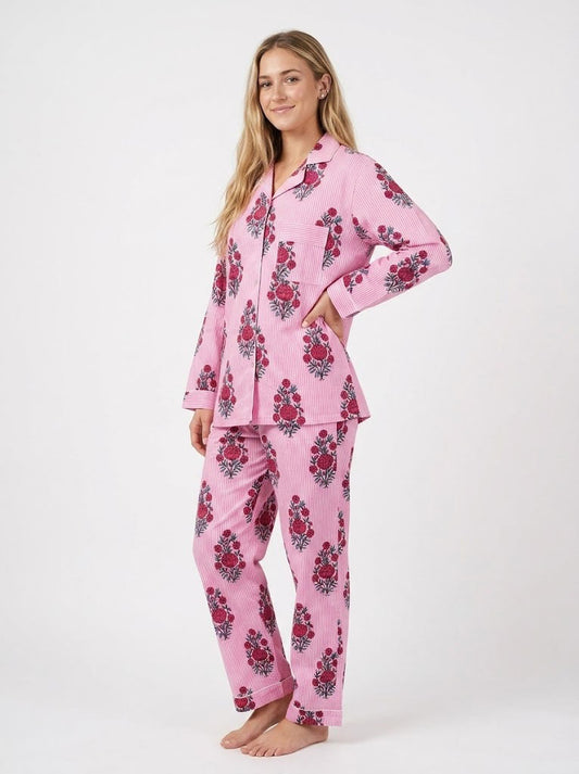 Pink Floral Stripe Print Cotton Lightweight Pajama Set for Women Long Sleeve