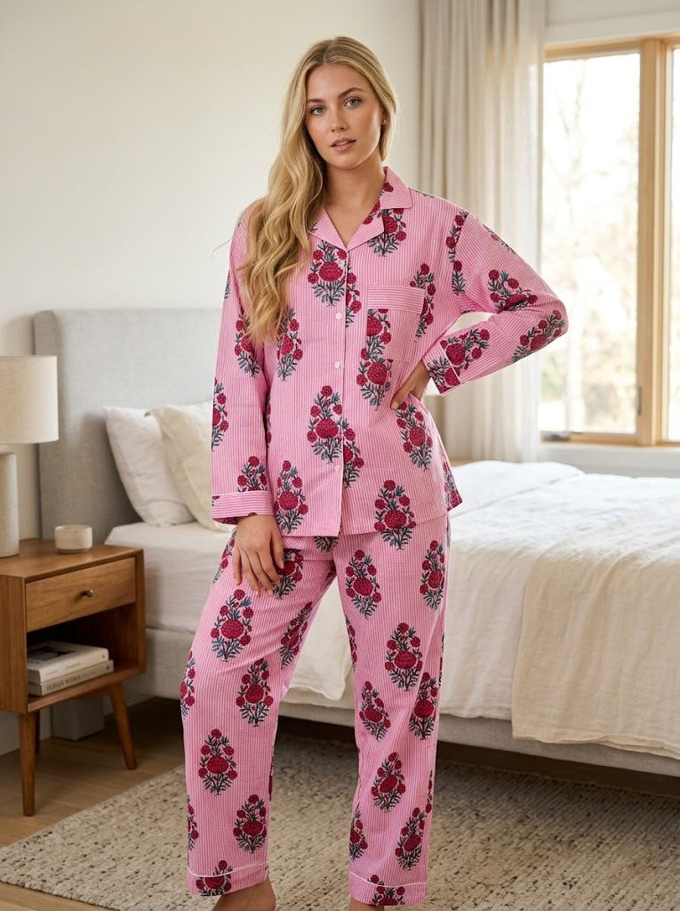 Rosa Blumen-Streifen-Druck Baumwolle Leichtes Pyjama-Set für Damen Langarm