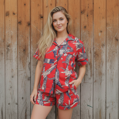 Egyptian Cat Summer Red Sleepwear Cotton Soft Night wear Lightweight Women Short Pajama Set