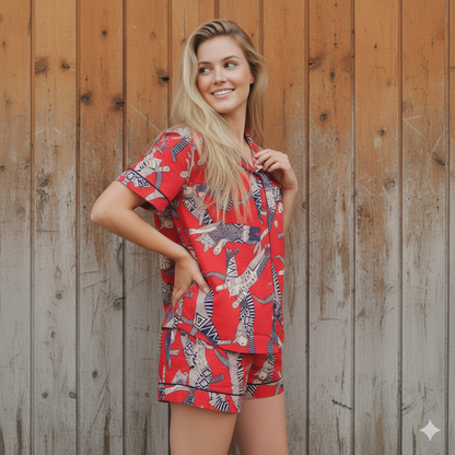 Egyptian Cat Summer Red Sleepwear Cotton Soft Night wear Lightweight Women Short Pajama Set