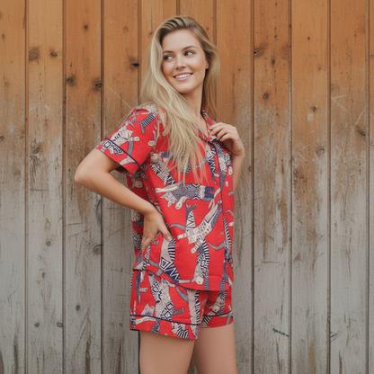 Egyptian Cat Summer Red Sleepwear Cotton Soft Night wear Lightweight Women Short Pajama Set