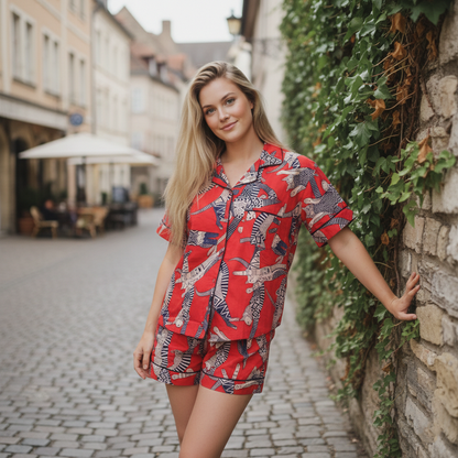 Egyptian Cat Summer Red Sleepwear Cotton Soft Night wear Lightweight Women Short Pajama Set