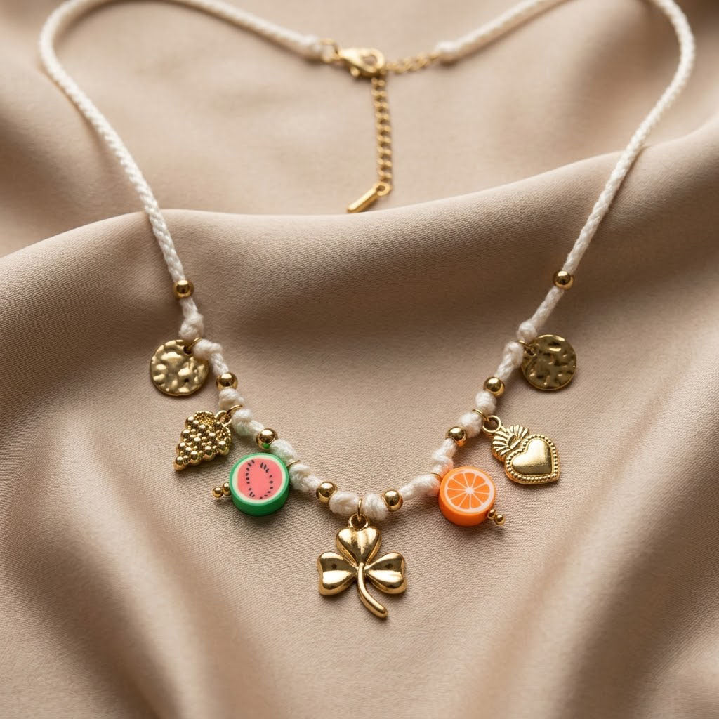 Necklace with colorful charms on a beige fabric background