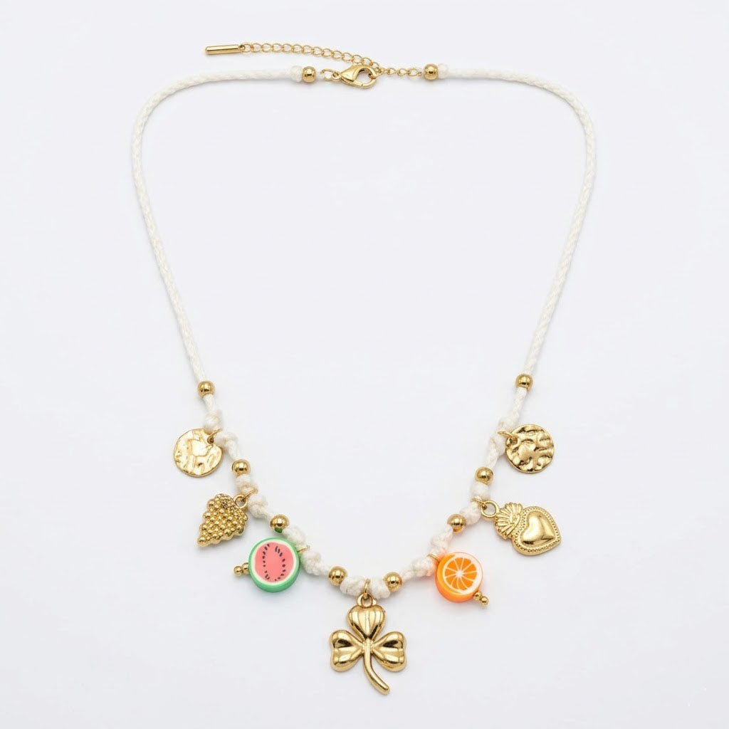 Chic Gold Fruit & Shamrock Charm Cord Necklace Handmade Cotton Thread Summer Gift