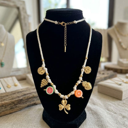 Chic Gold Fruit & Shamrock Charm Cord Necklace Handmade Cotton Thread Summer Gift
