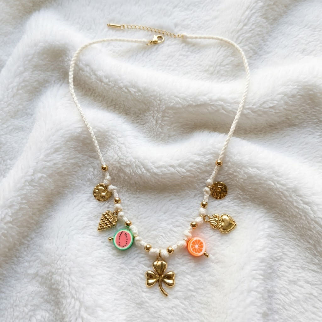 Chic Gold Fruit & Shamrock Charm Cord Necklace Handmade Cotton Thread Summer Gift