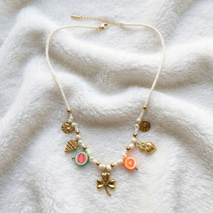 Chic Gold Fruit & Shamrock Charm Cord Necklace Handmade Cotton Thread Summer Gift