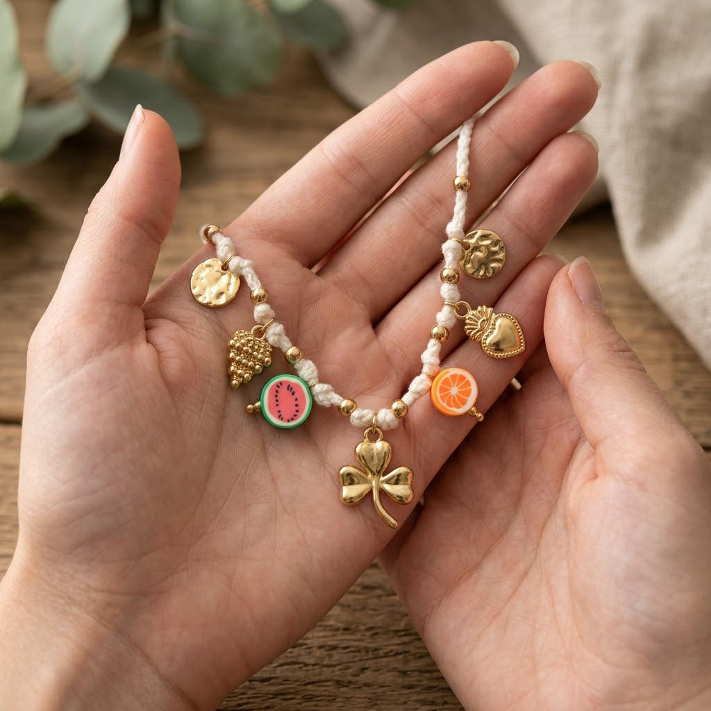 Chic Gold Fruit & Shamrock Charm Cord Necklace Handmade Cotton Thread Summer Gift