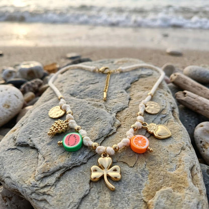 Chic Gold Fruit & Shamrock Charm Cord Necklace Handmade Cotton Thread Summer Gift