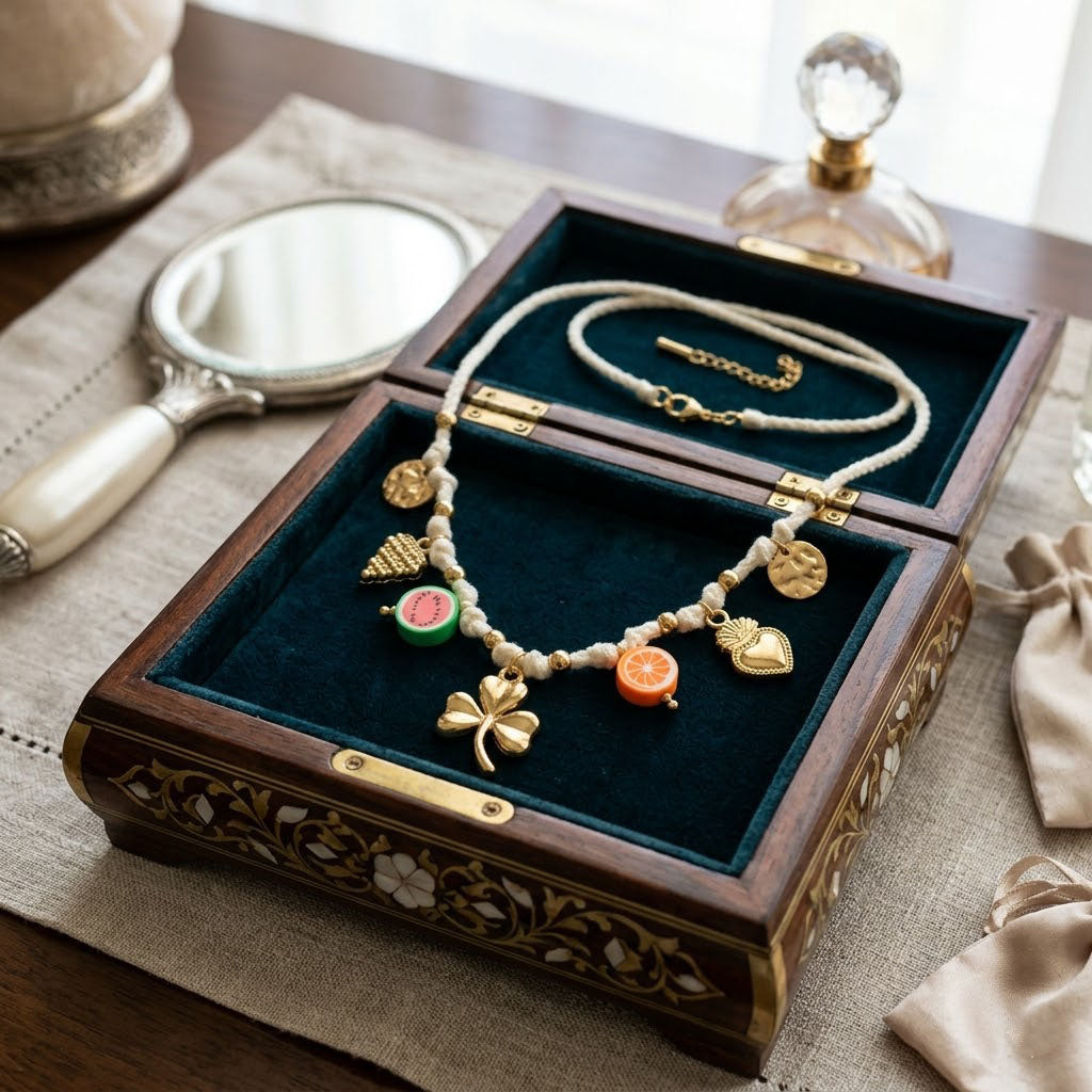 Chic Gold Fruit & Shamrock Charm Cord Necklace Handmade Cotton Thread Summer Gift