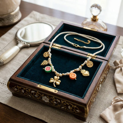Chic Gold Fruit & Shamrock Charm Cord Necklace Handmade Cotton Thread Summer Gift