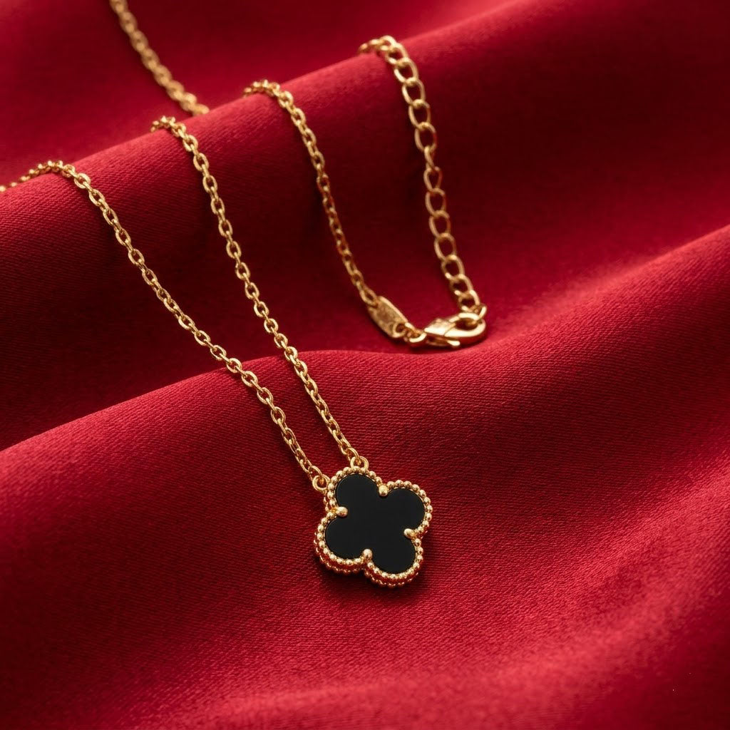 Women Black Floral Charm Jewelry Clover Pendant Gold Chain Necklace