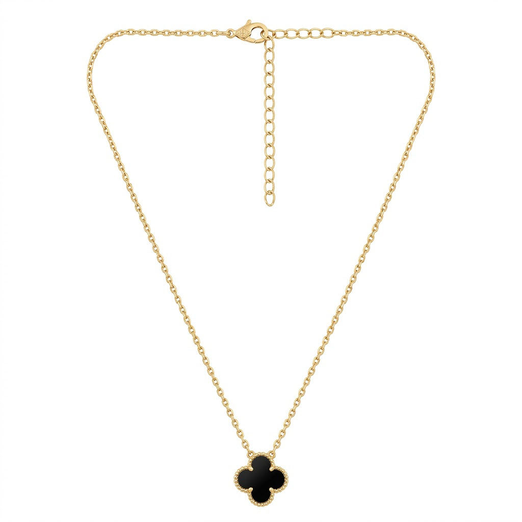 Women Black Floral Charm Jewelry Clover Pendant Gold Chain Necklace