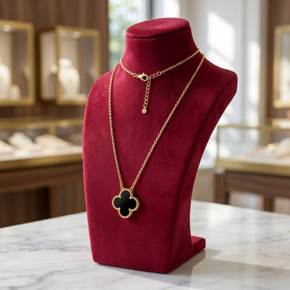 Women Black Floral Charm Jewelry Clover Pendant Gold Chain Necklace