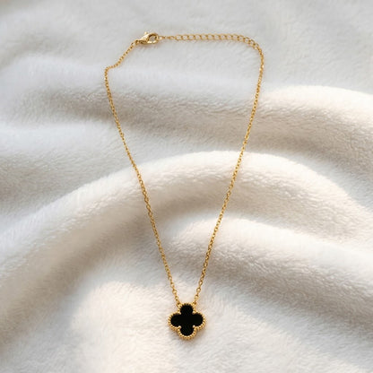 Women Black Floral Charm Jewelry Clover Pendant Gold Chain Necklace