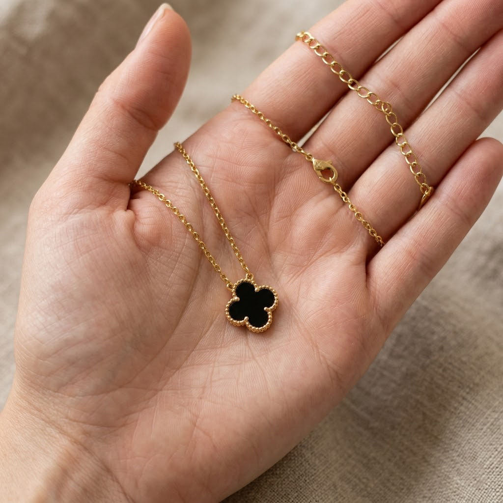 Women Black Floral Charm Jewelry Clover Pendant Gold Chain Necklace