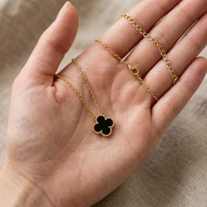 Women Black Floral Charm Jewelry Clover Pendant Gold Chain Necklace
