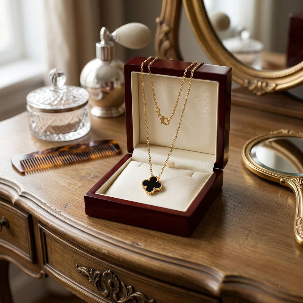 Women Black Floral Charm Jewelry Clover Pendant Gold Chain Necklace