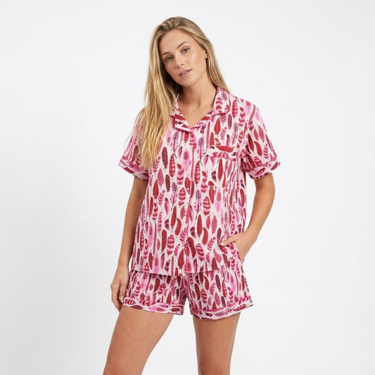 Lightweight Summer Pink Sleepwear Feather Print Cotton Soft Night wear Women Short Pajama Set
