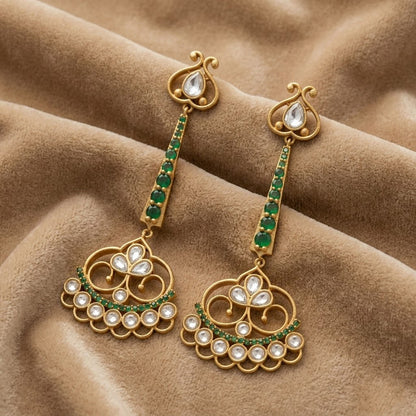 Elegant Gold Plated Emerald Green Chandbali Drop Earrings with Kundan Work
