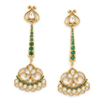 Elegant Gold Plated Emerald Green Chandbali Drop Earrings with Kundan Work