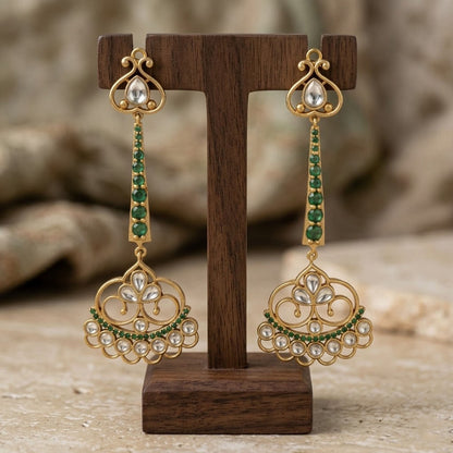 Elegant Gold Plated Emerald Green Chandbali Drop Earrings with Kundan Work