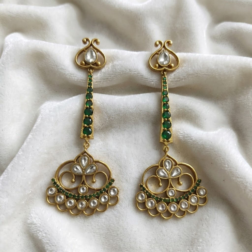 Elegant Gold Plated Emerald Green Chandbali Drop Earrings with Kundan Work
