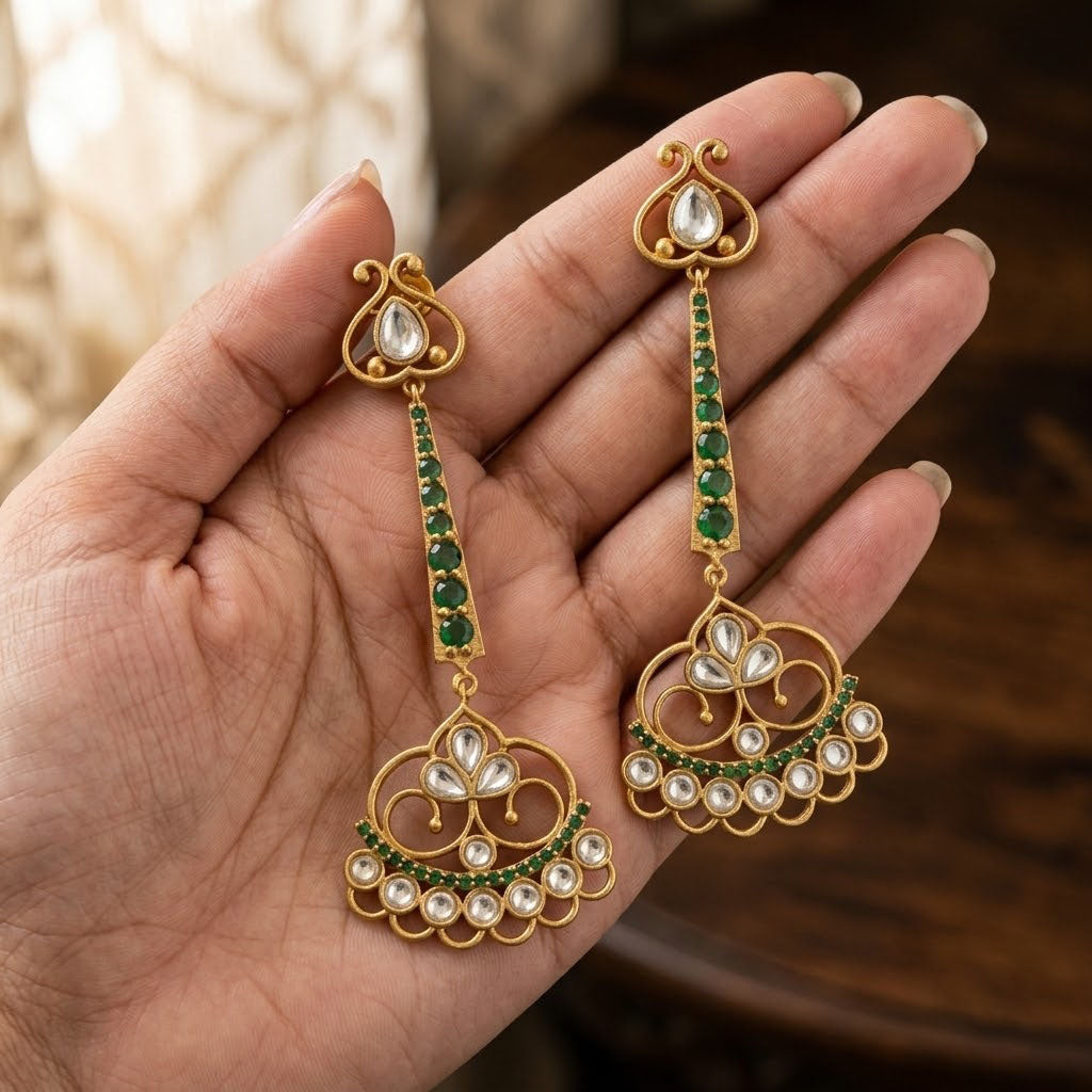 Elegant Gold Plated Emerald Green Chandbali Drop Earrings with Kundan Work