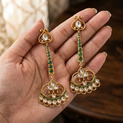 Elegant Gold Plated Emerald Green Chandbali Drop Earrings with Kundan Work