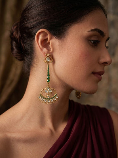 Elegant Gold Plated Emerald Green Chandbali Drop Earrings with Kundan Work