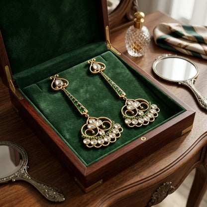 Elegant Gold Plated Emerald Green Chandbali Drop Earrings with Kundan Work