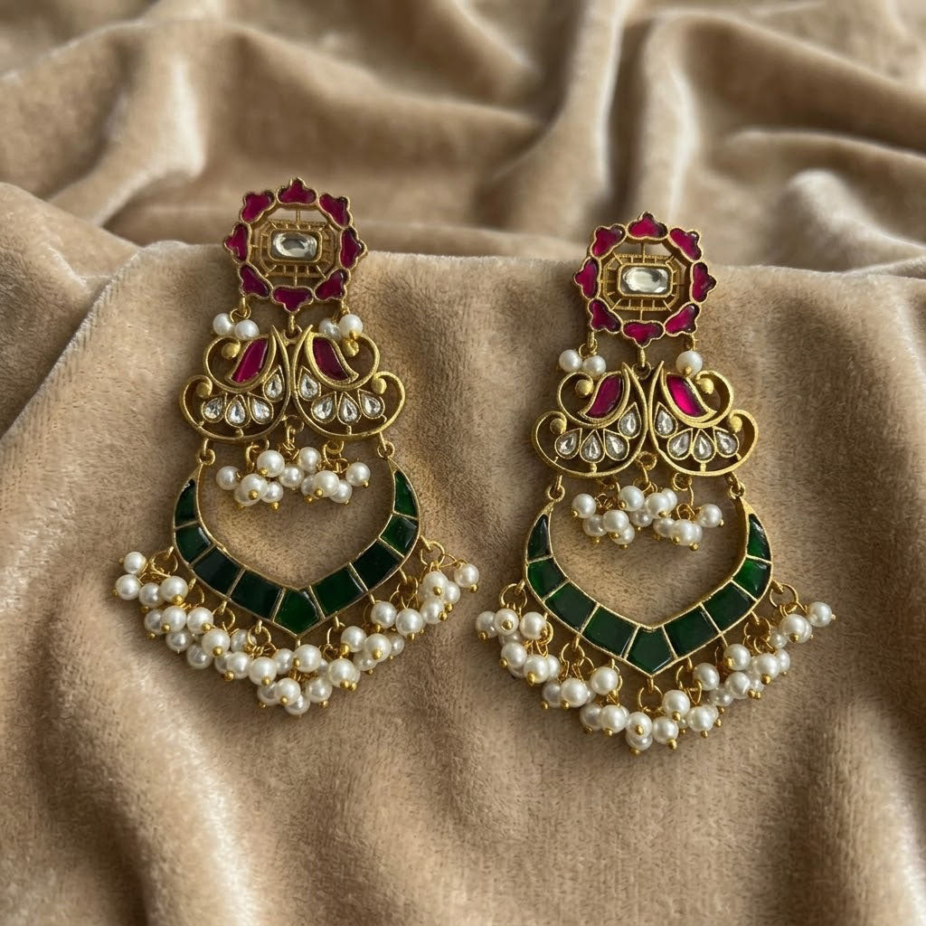 Gold Plated Kundan Chandbali Earrings with Ruby Green Stones & Pearls