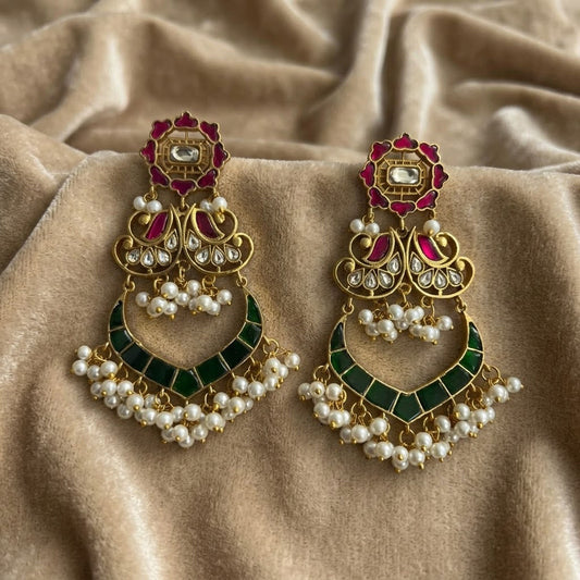 Gold Plated Kundan Chandbali Earrings with Ruby Green Stones & Pearls