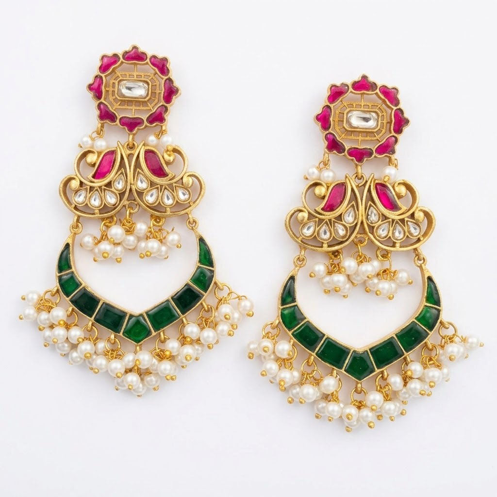 Gold Plated Kundan Chandbali Earrings with Ruby Green Stones & Pearls