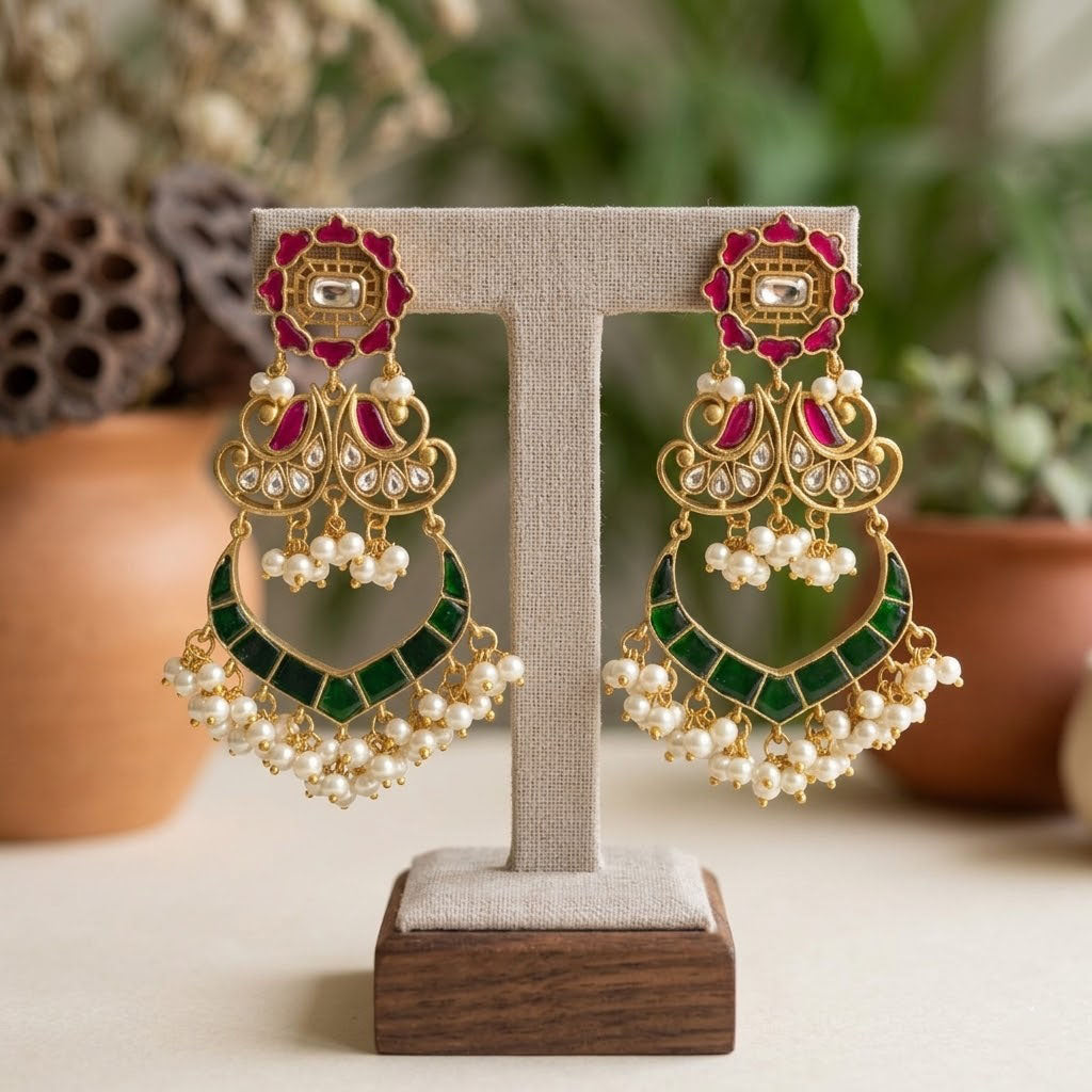 Gold Plated Kundan Chandbali Earrings with Ruby Green Stones & Pearls