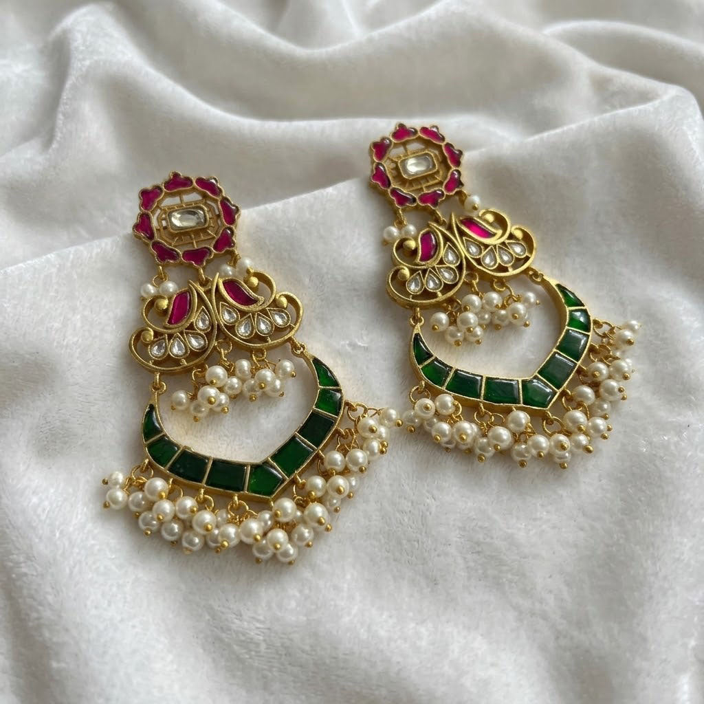 Gold Plated Kundan Chandbali Earrings with Ruby Green Stones & Pearls